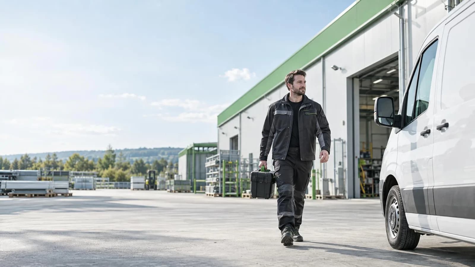 Servisní technik jde přes dvůr k dodávce