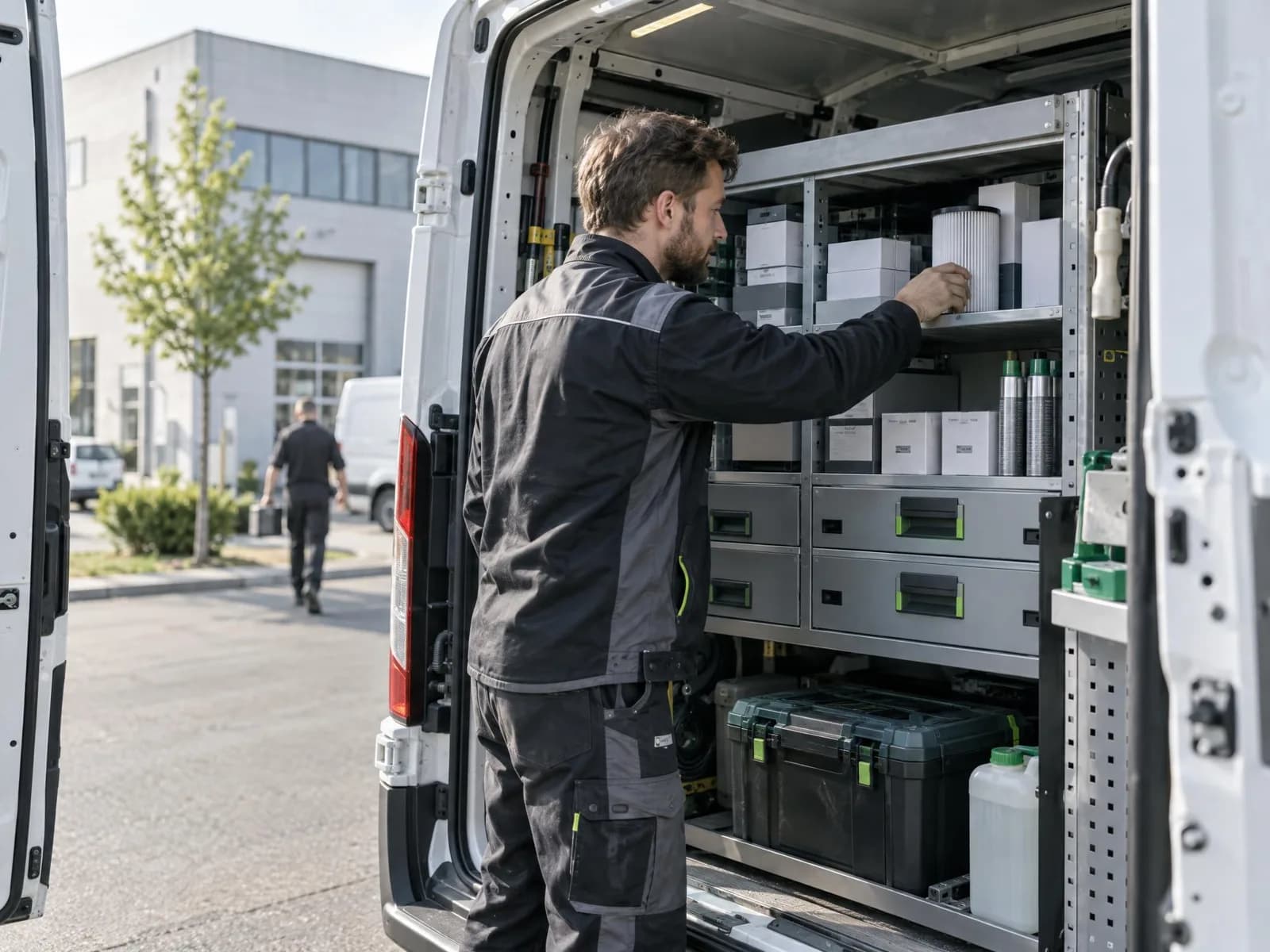 Servisní dodávka s regálem dílů před firmou