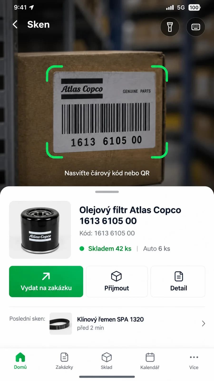 Sken čárového kódu dílu s okamžitými akcemi