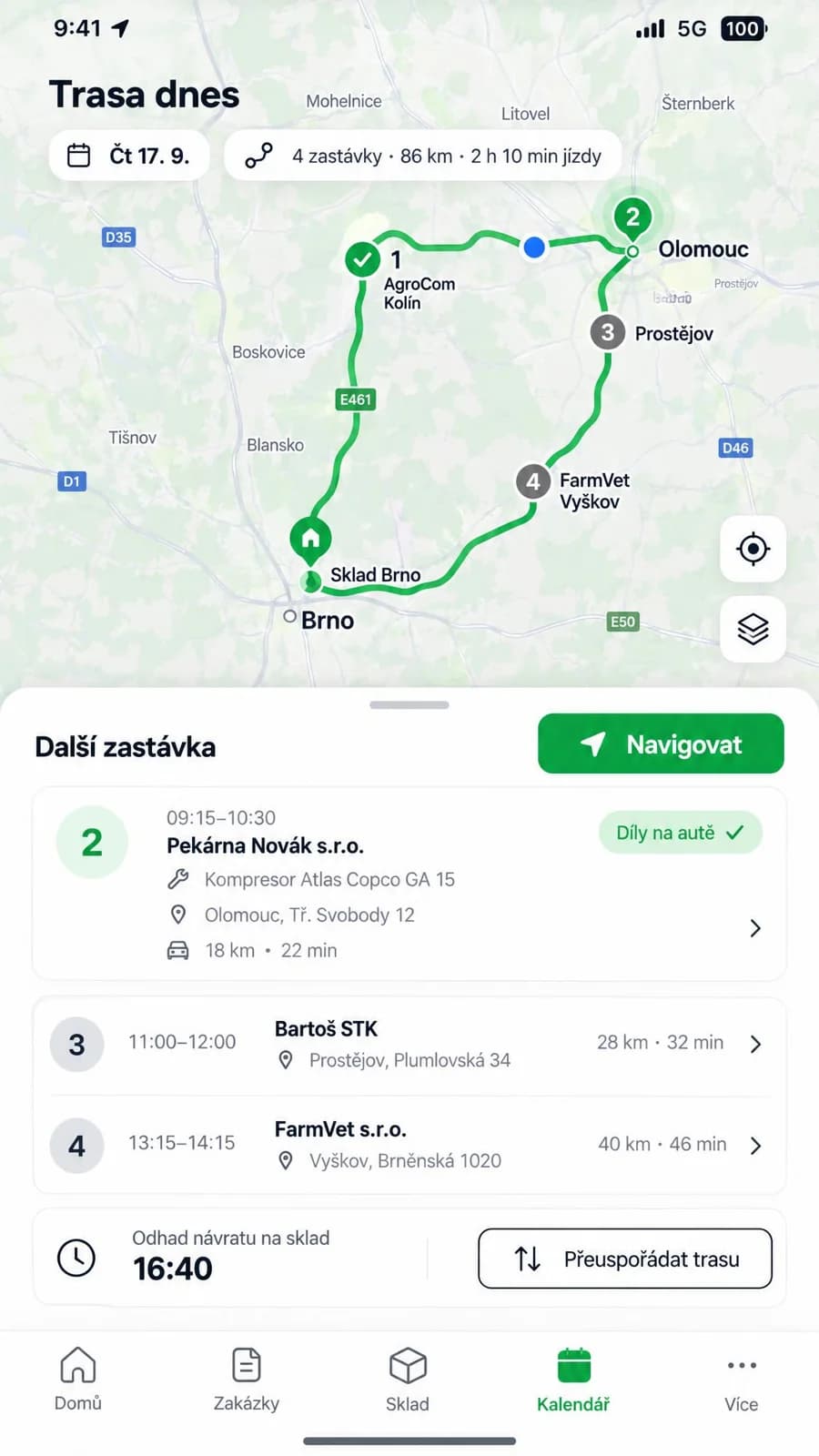 Trasa dne s mapou, zastávkami a odhadem návratu